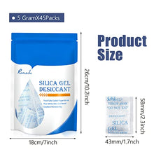 Load image into Gallery viewer, 45 Pcs 5 Gram Silica Gel Packs, Transparent Desiccant, Desiccant Packets for Storage, Moisture Packs for Spices Jewelry Shoes Boxes Electronics Storage, Food Safe
