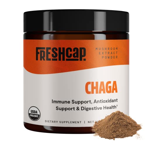 FreshCap Chaga Organic Mushrooms Extract Powder - Antioxidant, Digestive Health, Immune Support Supplement - Vegan, Pure Fruiting Body Extract - Add to Coffee/Tea/Smoothies - 2.1 Ounces