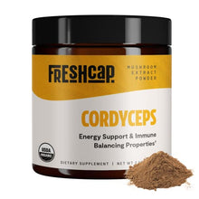 Load image into Gallery viewer, FreshCap Organic Cordyceps Mushroom Extract Powder Supplement - For Natural Energy, Exercise Performance &amp; Endurance - Vegan, Pure Fruiting Body Extract - Add to Coffee/Tea/Smoothies - 2.1 Ounce (60g)
