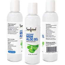 Load image into Gallery viewer, Sunfood Organic Aloe Vera Gel for Sunburn Relief. For Face &amp; Skin. Improves Acne &amp; Scar Tissue. Poison Oak &amp; Insect Bite Itch Relief. With Arnica &amp; MSM. 4 oz Bottle
