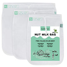 Load image into Gallery viewer, Bellamei Nut Milk Bag Reusable Food Strainer Nut Bags for Straining Almond/Soy Milk Greek Yogurt Professional for Cold Brew Coffee Tea Beer Celery Juice Fine Nylon Mesh(3 pack-8&quot;x12&quot;/10&quot;x12&quot;/13&quot;x13&quot;)
