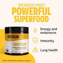 Load image into Gallery viewer, FreshCap Organic Cordyceps Mushroom Extract Powder Supplement - For Natural Energy, Exercise Performance &amp; Endurance - Vegan, Pure Fruiting Body Extract - Add to Coffee/Tea/Smoothies - 2.1 Ounce (60g)

